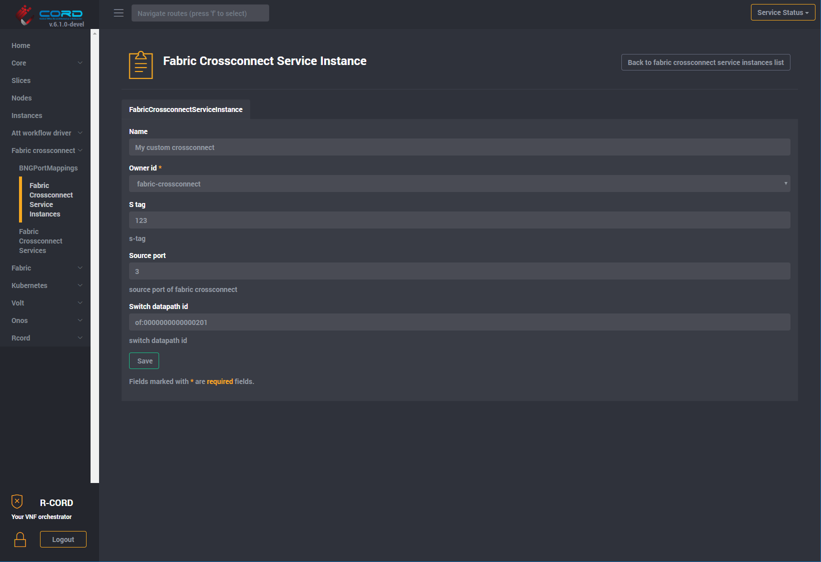 Fabric Crossconect Service Instance Detail View