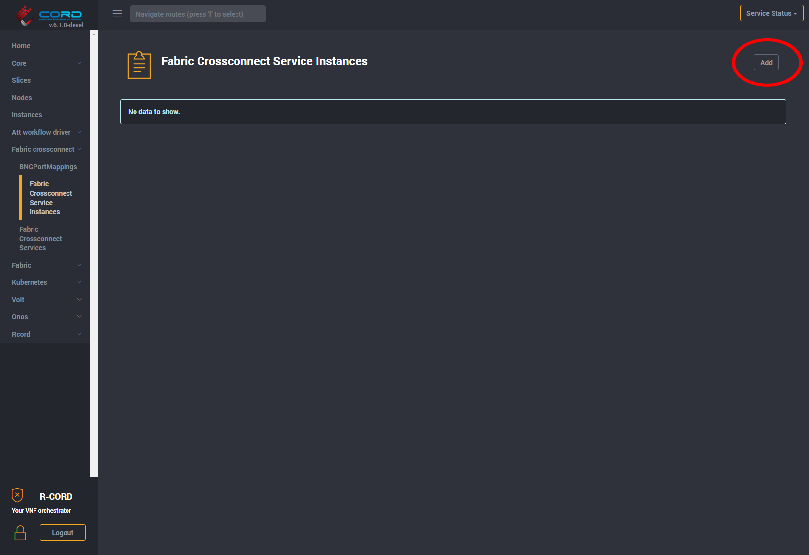 Fabric Crossconect Service Instance Table View