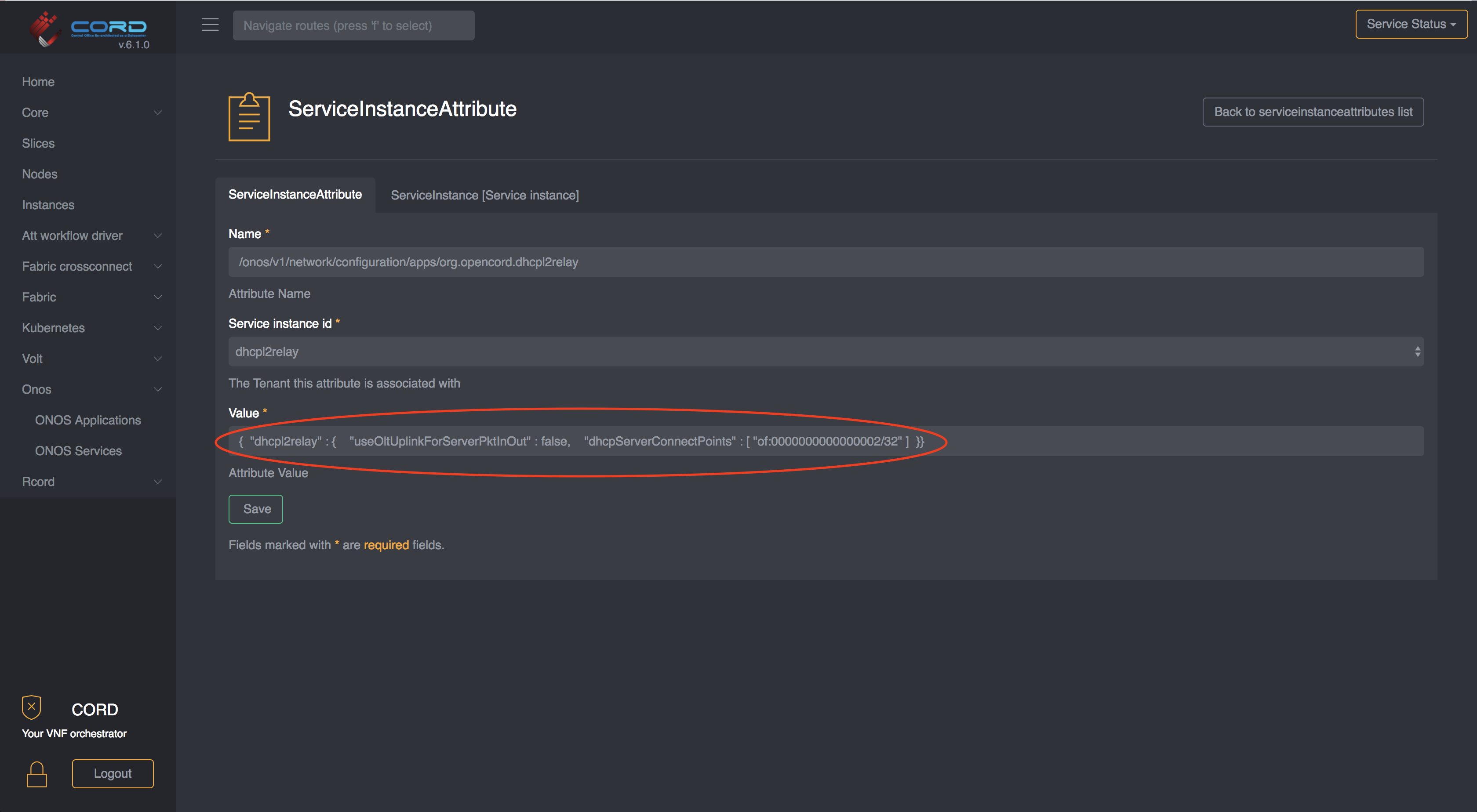 ServiceInstanceAttributes detail view