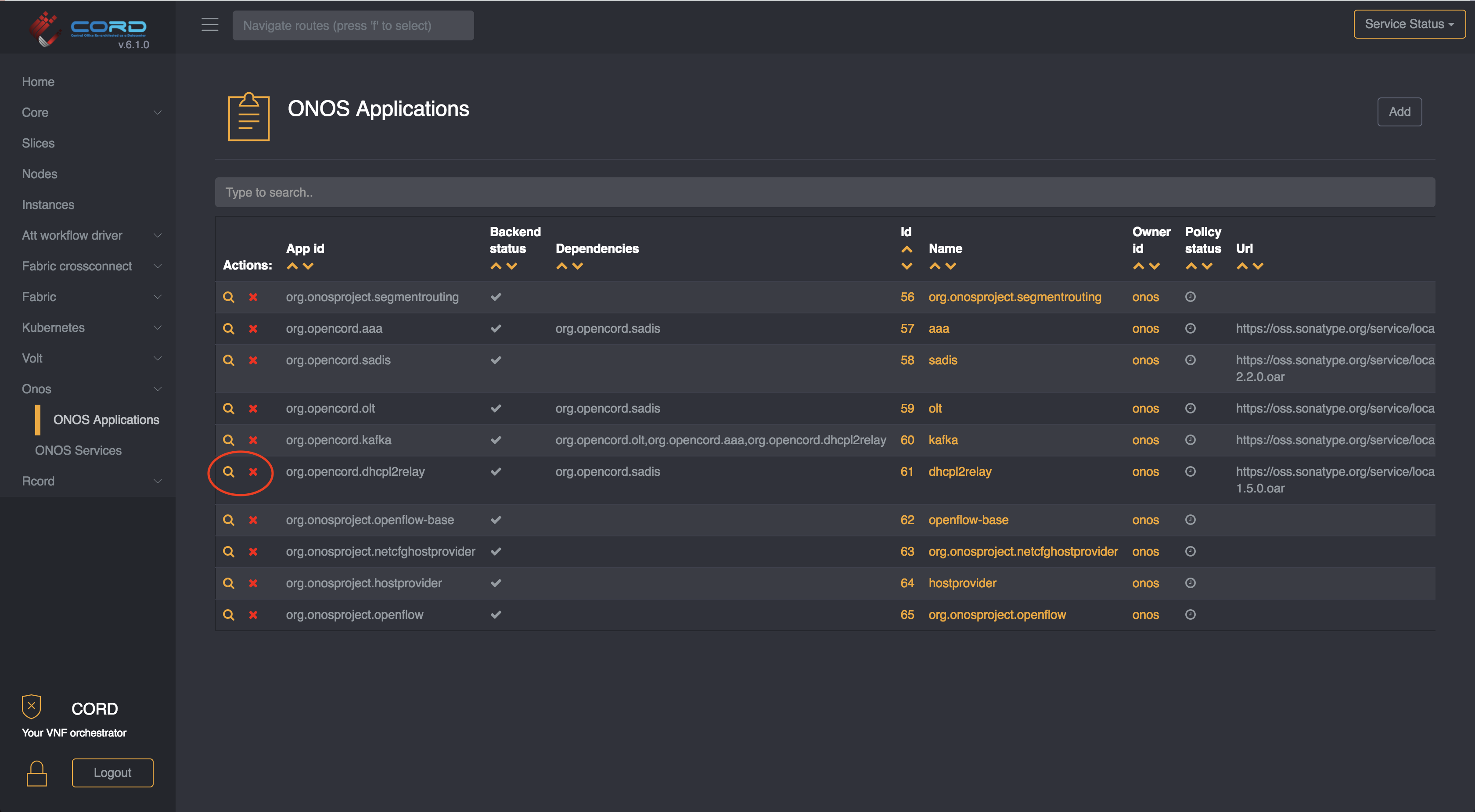 ONOS apps table view