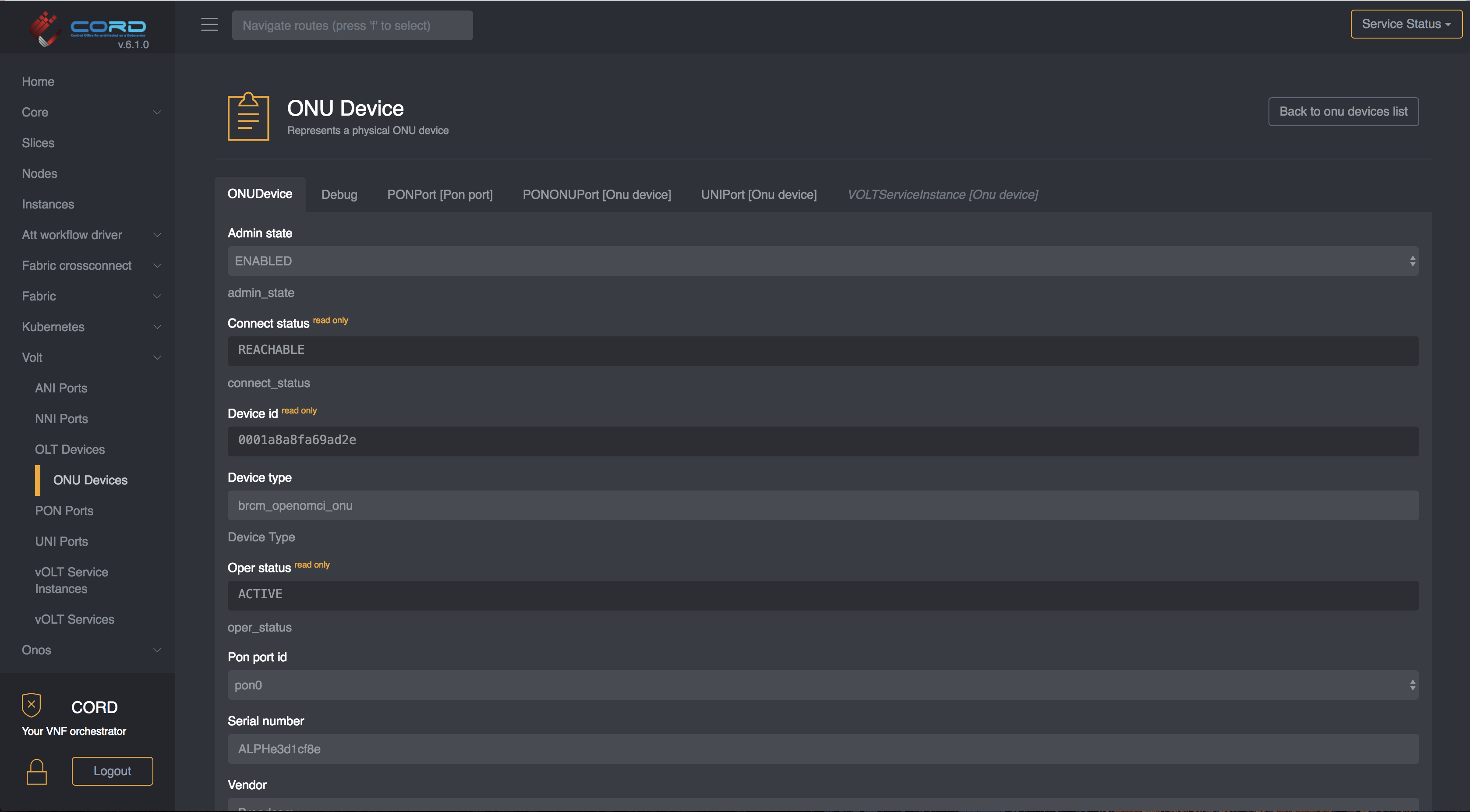 ONU Detail view in XOS