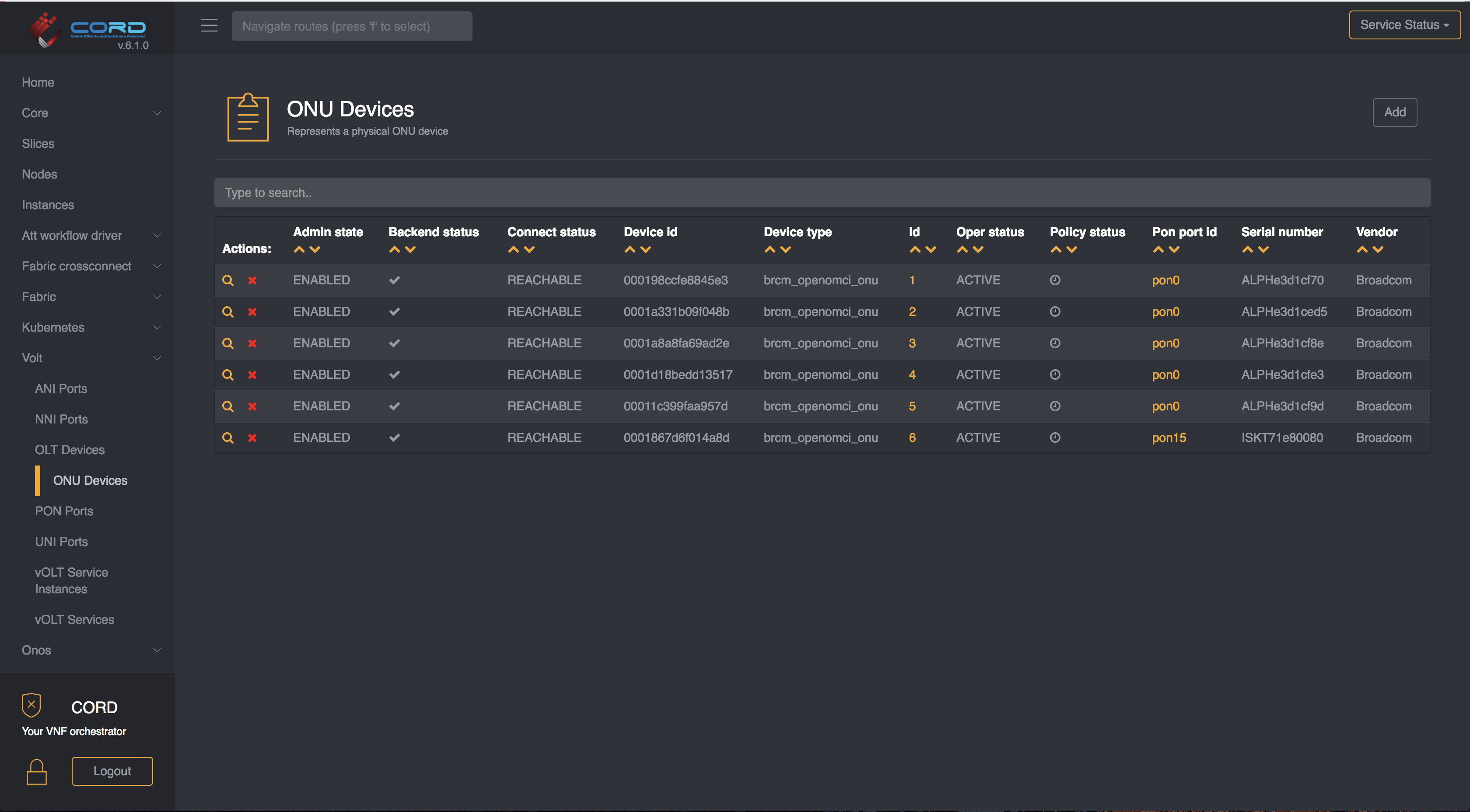 ONU Table view in XOS