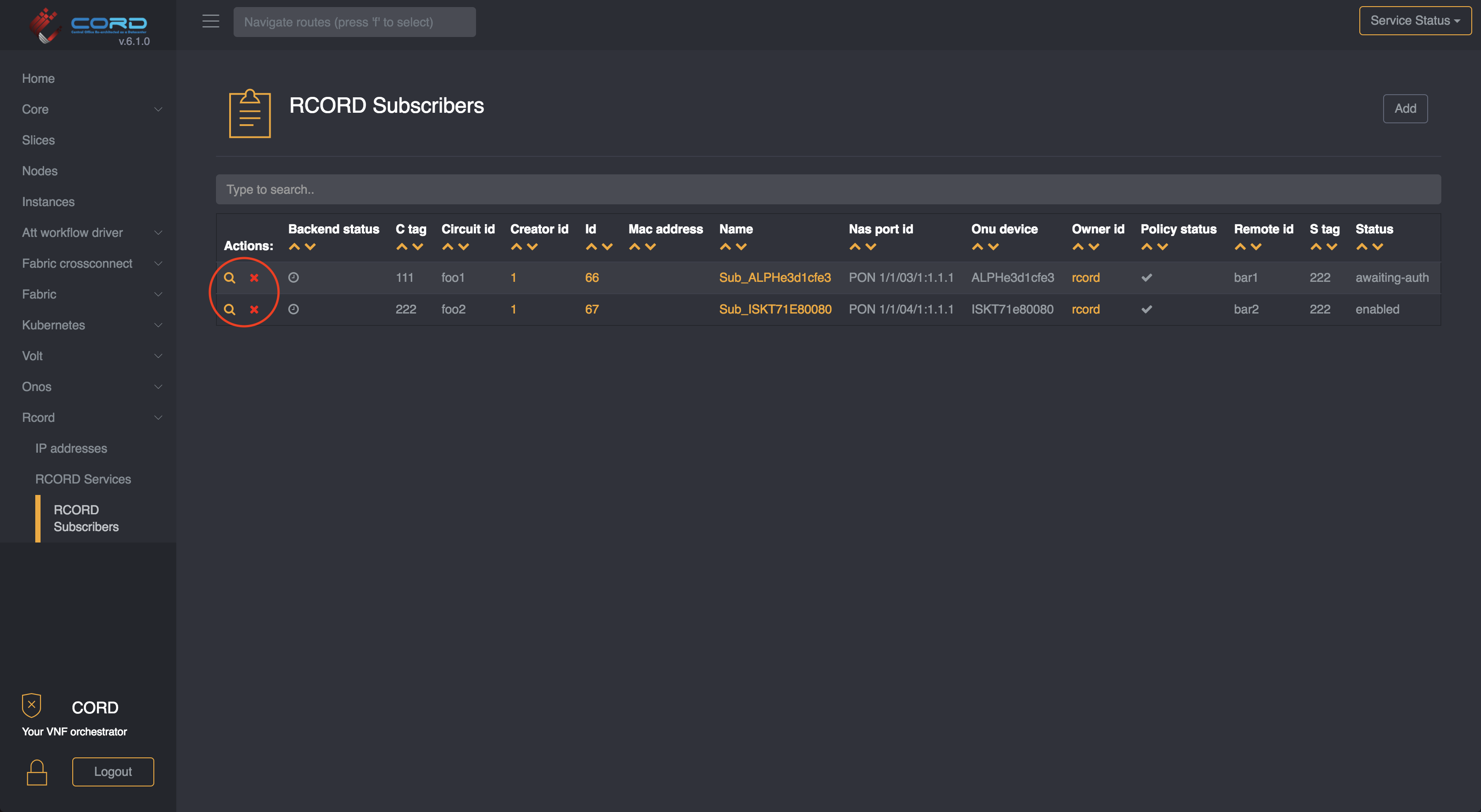 Subscribers Table view in XOS